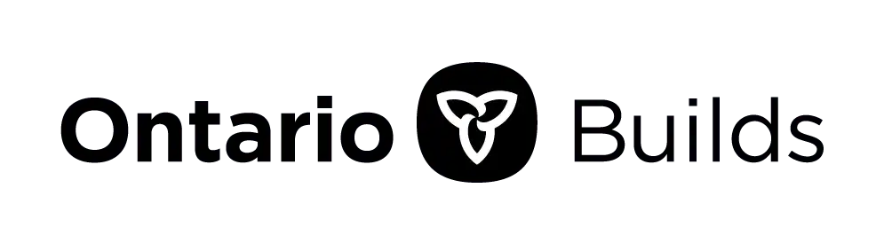 Ontario Builds logo of text plus a trillium flower